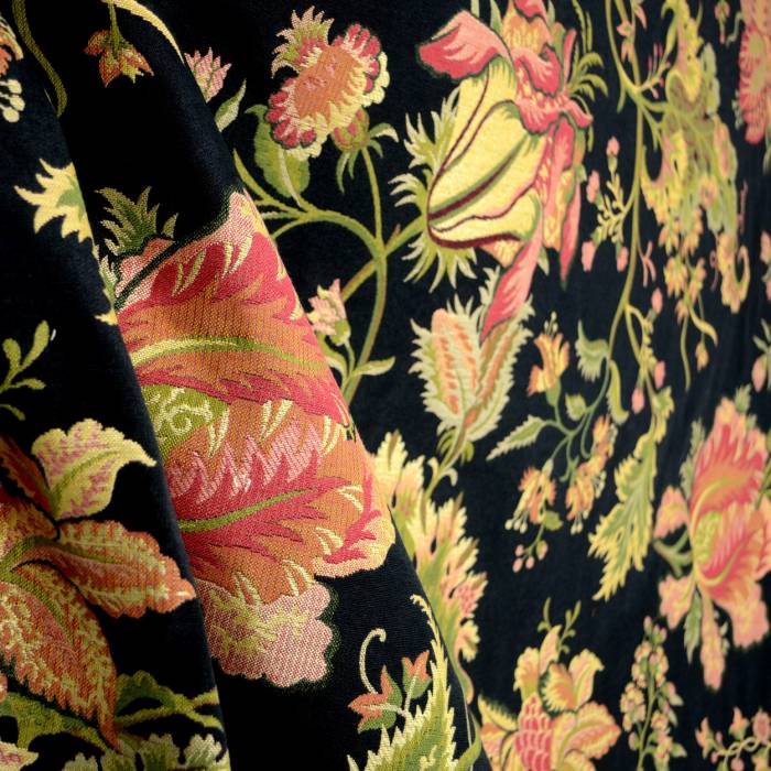 Black Jacobean Floral Upholstery Fabric by the Yard