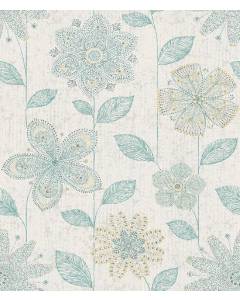 1014-001814 Maisie Teal Batik Flower Wallpaper