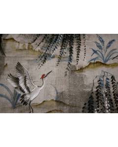 Crane Bird Aqua Blue Floral Print Tancho Parchment Hamilton Fabric