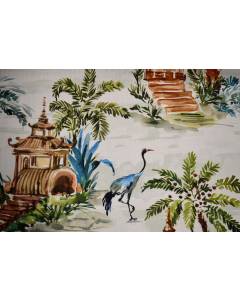 Emperor Palm Green Asian Toile Pagoda Bird Tropical Print Hamilton Fabric